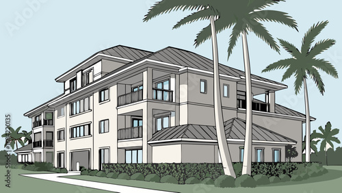 Coastal Multi-Story House Architectural Illustration Tropical Residence Design Vacation Home Concept Luxury Real Estate Beachfront Property Modern Building Residential Building Illustration.