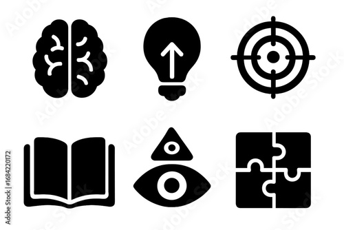 Mental focus glyph icon set. Brain, idea lightbulb, target, learning book, puzzle, and third eye icons. Concepts of mind clarity, strategy, knowledge, and problem-solving.