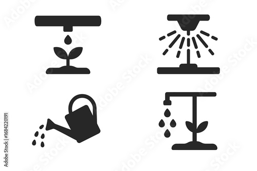 Sustainable irrigation icons solid filled vector set with drip pipe, sprinkler head, watering can, water conservation symbols, efficient garden watering tools illustration