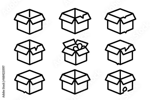 Broken box line icon collection. Damaged package and open delivery container outline signs. Vector illustration for shipping, logistics, web design, apps and packaging concepts.