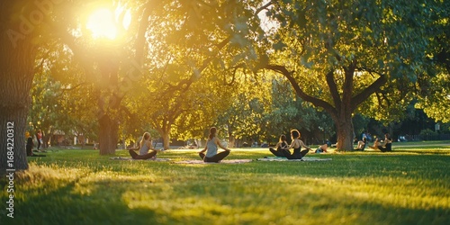 Fototapeta Naklejka Na Ścianę i Meble -  A group of people doing yoga in a peaceful park