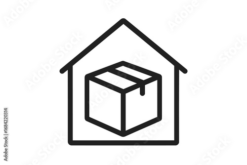 Warehouse storage icon with package. Home delivery service symbol. Logistics, shipping and moving concept. Minimalist outline vector for web, apps, graphic design.