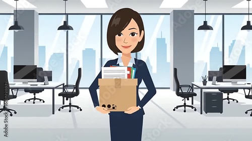 Businesswoman Holding Box of Belongings in Modern Office.