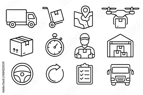 Logistics and delivery service line icon set. Shipping, transport, e-commerce symbols. Vector collection truck, drone, warehouse, courier for web, apps, ux, ui design.