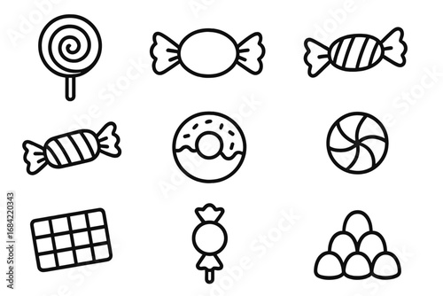 Candy and sweets icon set. Simple line art collection for dessert and sugar concepts. Vector illustration of lollipop, chocolate bar, donut, bonbon. Editable stroke.