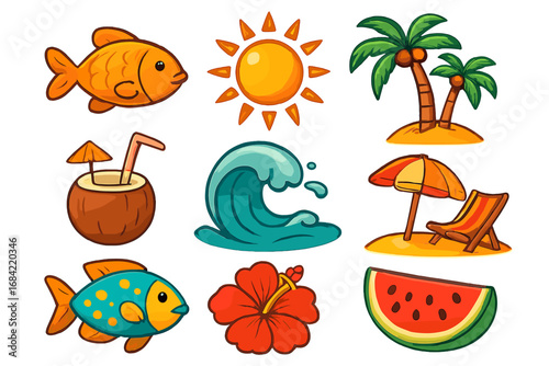 Summer beach icon set. Tropical vacation vector elements. Cartoon fish, sun, palm tree, wave, coconut drink, hibiscus, watermelon. Holiday travel graphic collection isolated.