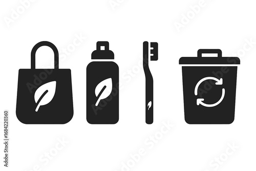 Sustainable Living Icons Set, Solid Filled Vector of Eco-Friendly Reusable Bag, Water Bottle, Bamboo Toothbrush, Compost Bin, Environmental Conservation Symbol Collection
