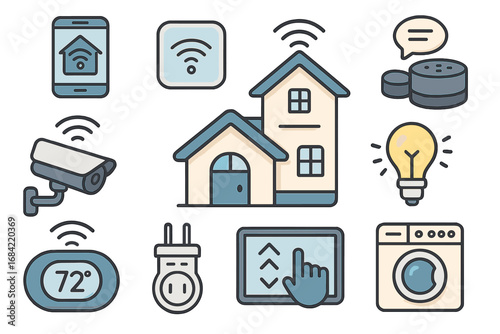 Smart home icon set for home automation and IoT. Vector line icons of connected devices. Remote control system for house security, lighting, thermostat and appliances.