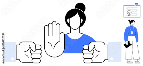 Woman halts aggression with raised hand as fists confront her. Ideal for conflict resolution, empowerment, boundaries, assertiveness, workplace dynamics, equality, advocacy. Simple flat metaphor