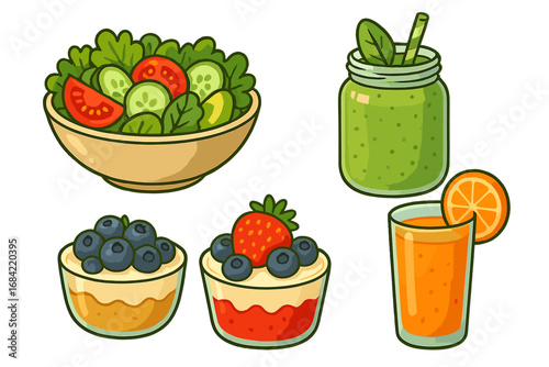 Healthy food vector icon set. Fresh salad, green smoothie, orange juice, fruit dessert. Concept for nutrition, diet, balanced meal, clean eating, vegetarian, vitamin rich food.