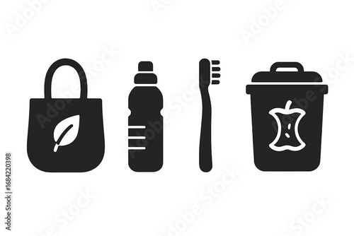 Sustainable Living Icons Set, Solid Filled Vector Illustration of Eco-friendly Reusable Bag, Water Bottle, Bamboo Toothbrush, Compost Bin for Green Lifestyle and Zero Waste