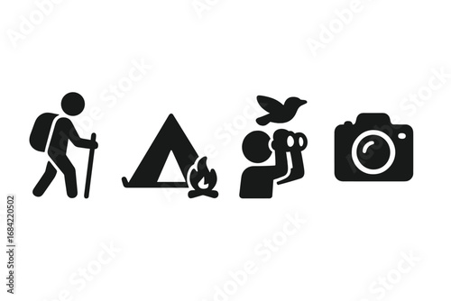 Outdoor activity vector icon set. Solid filled pictograms of hiking, camping, bird watching, photography. Concepts for nature adventure, trekking, travel, leisure and tourism.