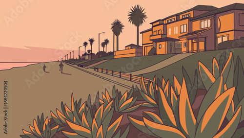 Coastal sunset scene with house palm trees and people walking on a path.