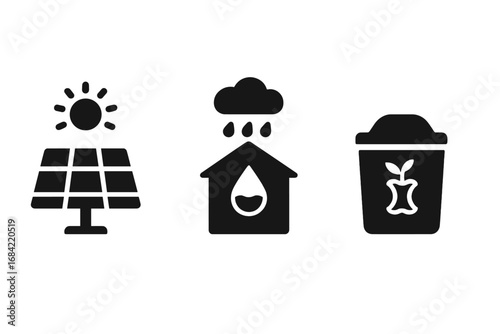 Sustainable Park Icons and Eco Elements, Solid Filled Vector Set Featuring Solar Panels, Rainwater Harvesting, Compost Bin, Green Energy, Environmental Conservation, Eco-Friendly Design