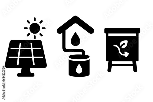 Solid filled icon set of sustainable park elements including solar panel, rainwater harvesting system, compost bin, eco-friendly energy and waste management vector illustration transparent