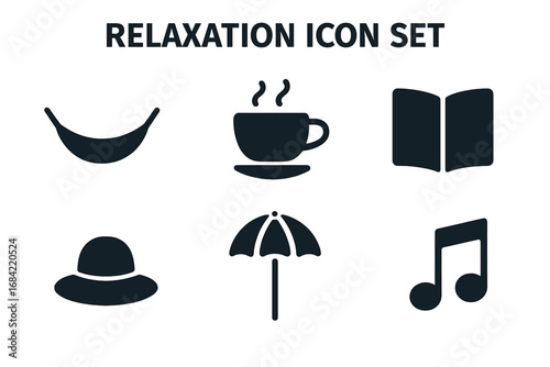 Relaxation solid glyph icon set. Leisure, vacation, and well-being symbols. Stress relief concept with hammock, coffee, book, hat, beach umbrella, and music pictograms.