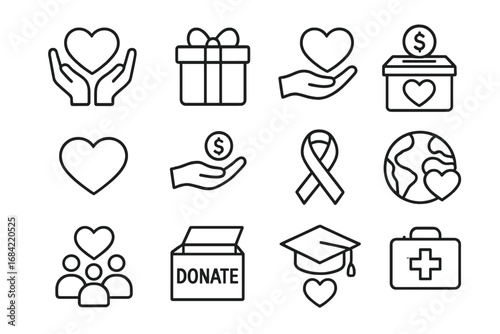 Charity and donation line icon set. Concepts of volunteering, love, support, community, fundraising, healthcare and education. Vector outline symbols for social projects.
