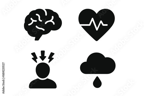 Mental health solid icon set. Psychology, stress, pressure, and mood disorder concept. Brain, heart pulse, anxiety and depression symbols. Vector graphic illustration.
