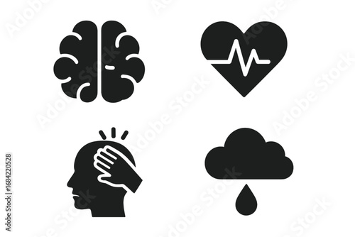 Mental health solid glyph icons. Psychology, stress, depression, anxiety concepts. Brain, heartbeat, head pressure, sad cloud tear. Emotional disorder & wellness vector symbols.