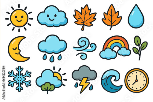 Cute weather and nature icon set. Cartoon vector collection of sun, cloud, rain, wind, rainbow, snow, and season symbols. Doodle elements for kids. Playful forecast graphic.