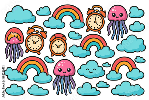Cute cartoon doodle icon set. Kawaii characters collection with jellyfish, rainbows, clouds and alarm clocks. Funny kid sticker pack. Fantasy dream elements vector illustration.