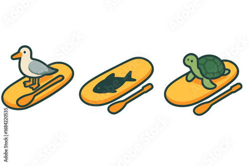 Paddleboarding wildlife icon set. Isometric flat design vector illustration of water sport activity. Wildlife spotting with seabird, turtle, and fish silhouette. Summer nature concept.