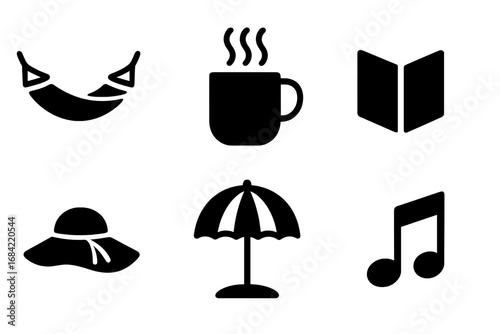 Relaxation solid glyph icon set. Vector pictograms for leisure, vacation, and hobbies. Hammock, coffee, book, sun hat, beach umbrella, music. Lifestyle and mindfulness.