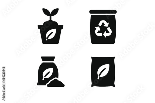 Sustainable planting icons set with solid filled biodegradable plant pot, recycled container, eco soil bag, and organic fertilizer bag vector illustration for eco-friendly gardening