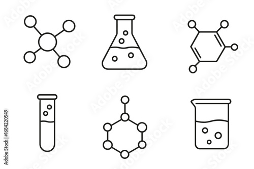 Chemistry science line icon set with molecule and atom structures. Chemical compound and laboratory glassware collection. Vector illustration of flask, beaker and test tube.