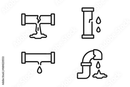 Broken pipe line icon set. Plumbing problem, water leak, and burst pipe vector icons. Concepts for damage, dripping, emergency repair, and pipeline accident. Outline pictogram.