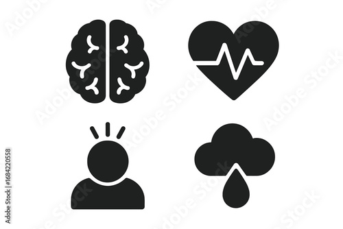 Mental health solid glyph icon set. Psychology, depression, stress and emotion symbols. Brain, heart beat, anxiety and sad mood vector icons for mental wellbeing concept.