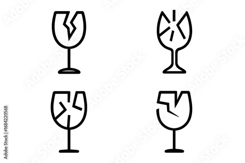 Fragile package symbol set. Broken glass thin line icon collection. Warning sign for logistics, delivery, and cargo. Shattered wineglass vector outline pictogram for web.