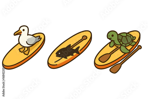Paddleboarding wildlife icons. Isometric flat icon set for SUP wildlife spotting. Vector cartoon seabird, fish silhouette, turtle on a board. Summer water sports characters.