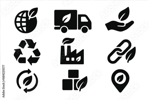 Sustainable supply chain icons, solid filled vector set of eco-friendly logistics, green transport truck, recycling symbols, factory, cycle, packaging, and environmental care illustrations