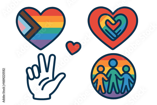LGBTQ+ pride icon set with progress flag heart, community and love symbols. Vector graphic for diversity, inclusion and equality. Peace hand sign, family and gay rights concept.