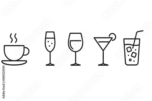 Drink and beverage outline icon collection. Coffee, champagne, wine, cocktail, soft drink. Vector symbols. Bar menu illustration. Line art icons. Editable stroke design.
