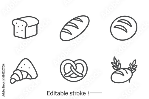 Bread icon set. Bakery and pastry thin line icons. Vector symbols of loaf, toast, baguette, croissant, pretzel, and wheat. Editable stroke for web design, apps, and books.