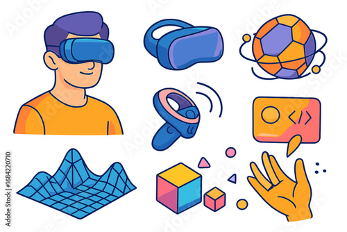 Virtual reality technology icon set. Man in VR headset, controller, and gaming elements. Metaverse concept with user interface, 3d modeling, and futuristic digital graphics.