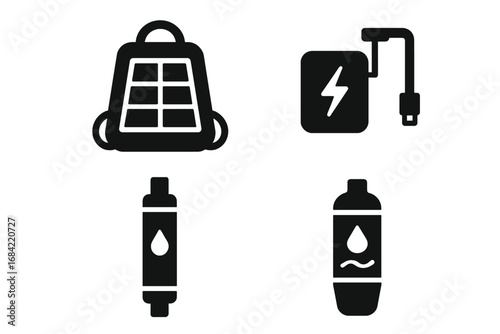Sustainable technology icon set, solid filled vector illustration of eco-friendly gadgets including solar backpack, kinetic charger, water purifier straw, clean water bottle