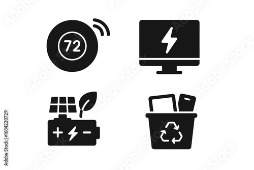Sustainable Technology Icons Set, Solid Filled Vector with Smart Thermostat, Energy Monitor, Solar Battery, E-Waste Recycling Bin, Eco-Friendly Energy Symbols, Clean Energy Concept