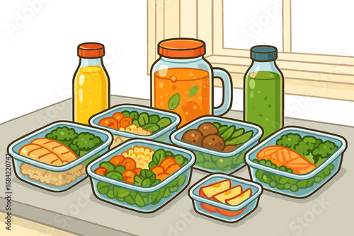 Healthy meal prep concept with balanced diet meals in lunch boxes. Portion control food containers with chicken, salmon, and vegetables. Healthy lifestyle nutrition vector.