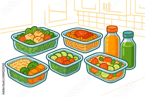 Healthy meal prep concept. Food containers with lunch. Batch cooking for diet and nutrition. To-go meals in glass boxes. Vector illustration of kitchen, salads, pasta, juices.
