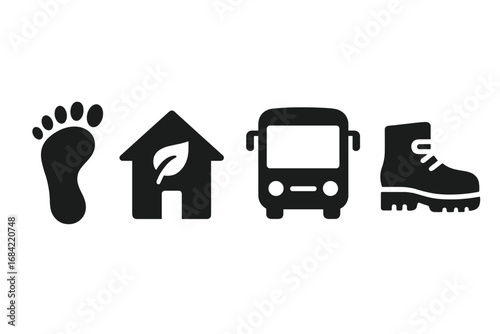 Sustainable tourism icons with eco footprint, green lodge, public transit bus, hiking boot, solid filled vector symbols for eco travel and nature-friendly adventure