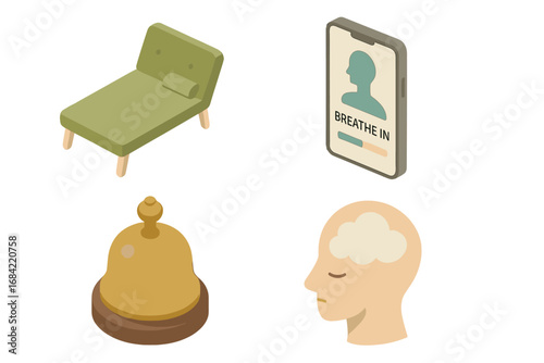Mental wellness isometric icons. Psychology tools for mental health and self-care. Therapy couch, breathing exercise app, meditation bell and mind concept vector illustration.