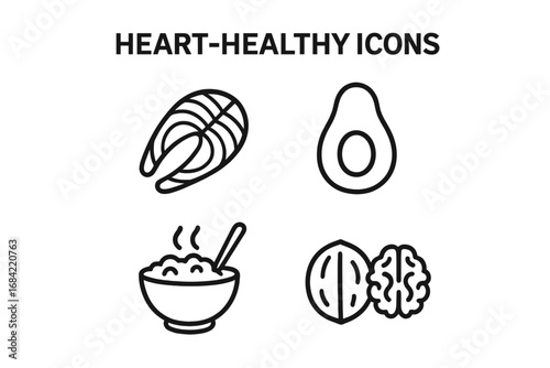 Heart-healthy food outline icons. Vector illustration set of salmon, avocado, oatmeal, walnut. Concept for cardiovascular health, nutrition, diet, good fats, and wellness.