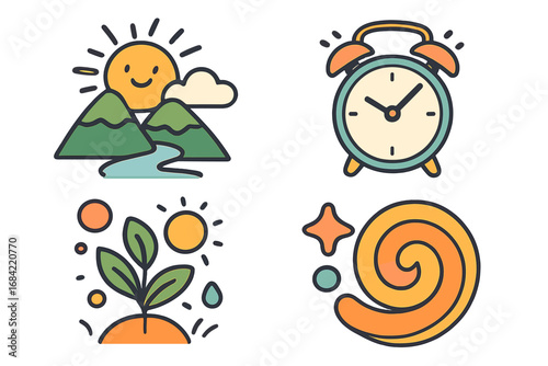 Vector icon set. Nature landscape with sun and mountain. Alarm clock for time management. Plant growth for ecology. Abstract swirl symbol. Playful cartoon line art collection.