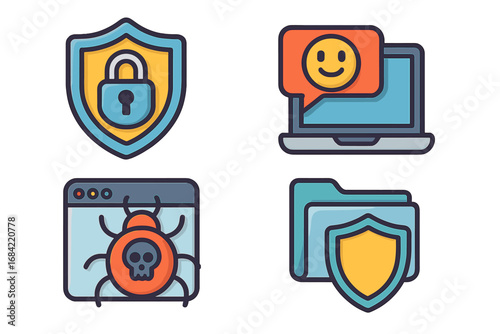 Cybersecurity icon set. Digital security, online safety, data protection, antivirus concepts. Vector cartoon illustration with shield lock, virus bug, secure folder, laptop.