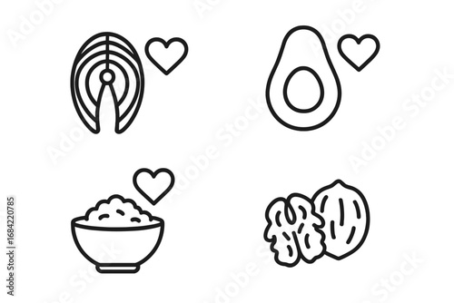 Heart healthy food icon set. Vector outline symbols for cardiology and nutrition. Salmon, avocado, oatmeal, and walnut icons for diet and wellness concepts. Healthy eating.