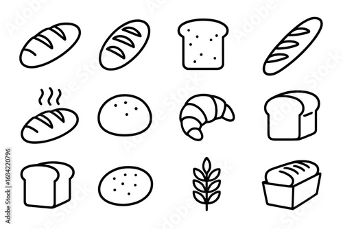 Bread and bakery thin line icon set. Vector collection of pastry symbols like loaf, baguette, croissant, and toast. Editable stroke for web design, apps, and print media.