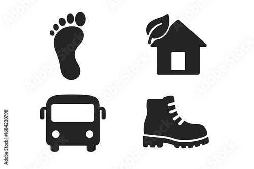 Solid sustainable tourism icon set with footprint, eco-lodge, bus, hiking boot, and walking symbols, vector illustration for eco-friendly travel and green tourism concept